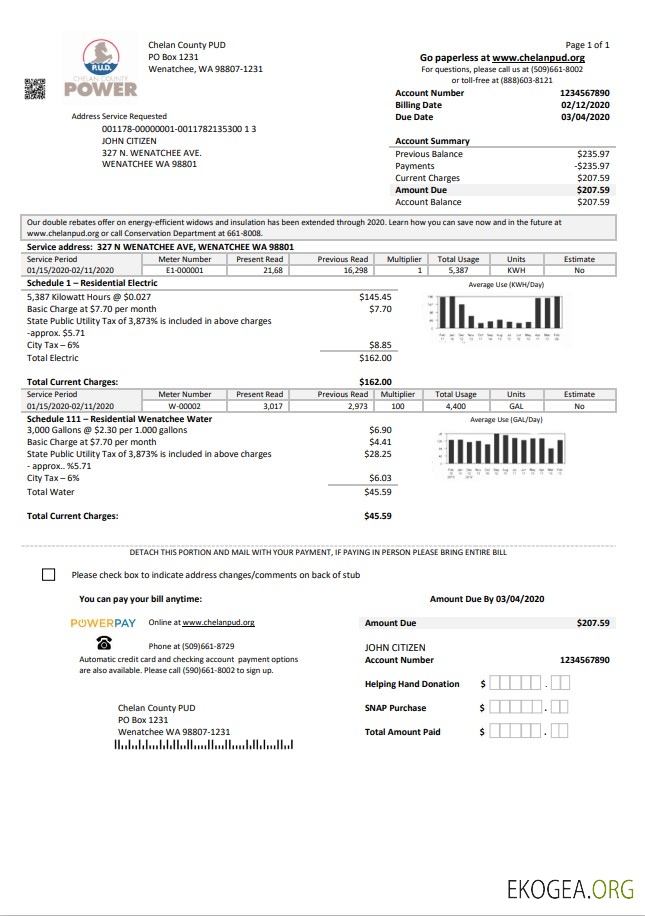 USA Washington Chelan County PUD utility bill template in Word and PDF format